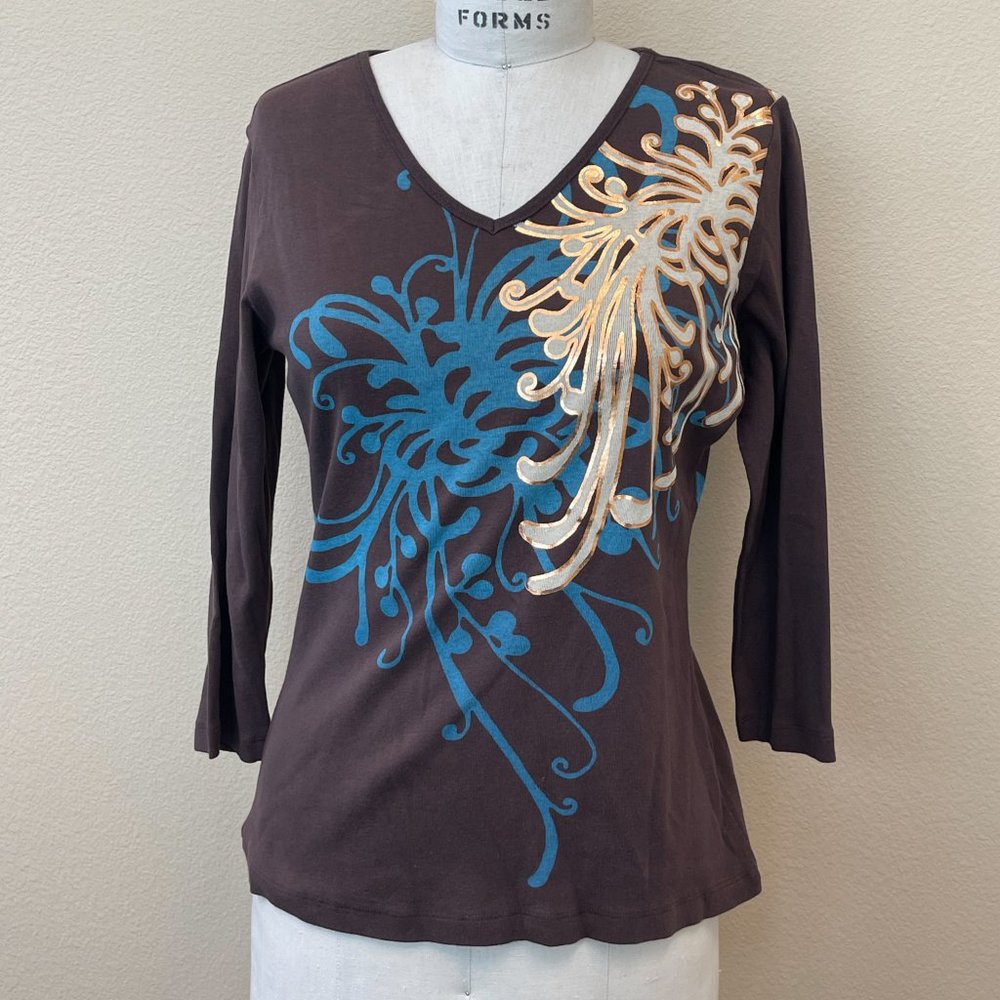 Vintage 90s Y2K Brown Metallic Gold Abstract Pattern Themed Top by Katina Marie